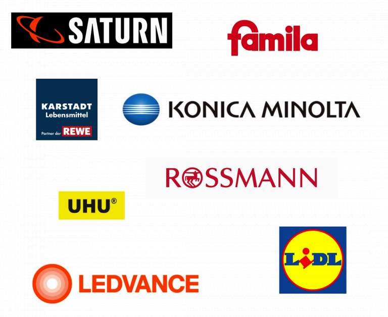 Referenzmarken: Saturn, famila, Konica Minolta, Rossmann, UHU, Lidl, LEDVANCE, Karstadt / REWE